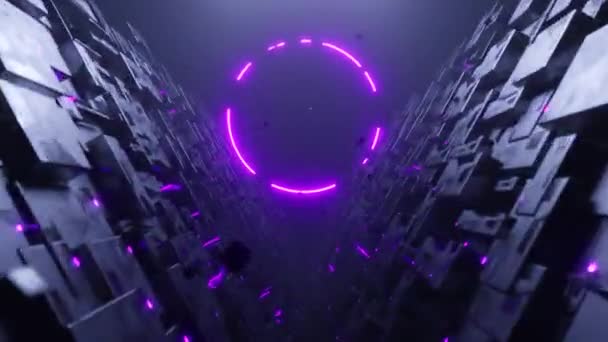 Бесшовная Петлевая Графика Полета Технический Туннель Треугольника Фиолетовым Неоновым Кругом — стоковое видео