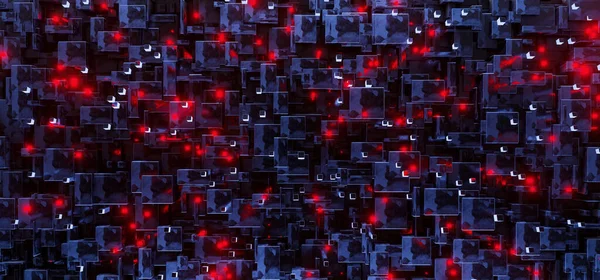 带有红色霓虹灯粒子的科幻区块链技术背景 未来派宇宙飞船金属复盖墙 现代霓虹灯照明背景 3D渲染 — 图库照片
