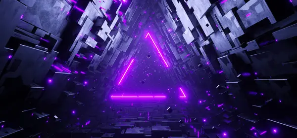 Sci Dreieckstunnel Mit Leuchtreklame Hintergrund Futuristische Raumschiff Metall Retro Korridor — Stockfoto