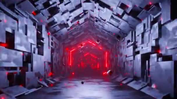 Kırmızı Neon Altıgen Parçacıklarla Altıgen Teknoloji Tüneline Uçmanın Kusursuz Döngü — Stok video