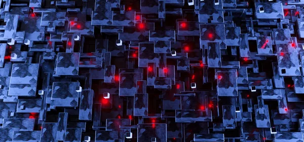 带有红色霓虹灯粒子的科幻区块链技术背景 未来派宇宙飞船金属复盖墙 现代霓虹灯照明背景 3D渲染 — 图库照片