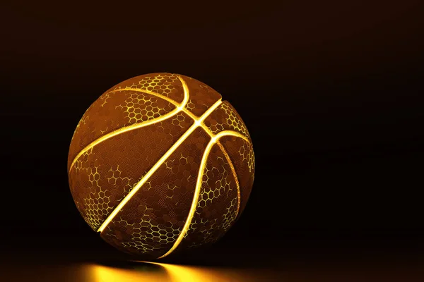 Dark orange basketball ball with neon lines on dark background. Sport concept background. 3d render