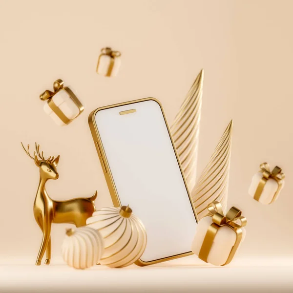 Merry Christmas and Happy New Year. 3D abstract mock up background with phone, Christmas decorations, gift boxes, gold deers. Product showcase mockup. 3d render