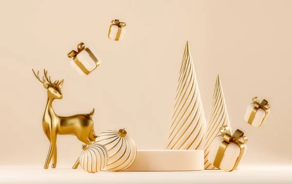 メリークリスマスとハッピーニューイヤー ペダル クリスマスの装飾 ギフト用の箱 金の鹿が付いている3D抽象的な背景 プロダクト表示のための休日の表彰台 プロダクトショーケースのモックアップ 3Dレンダリング — ストック写真