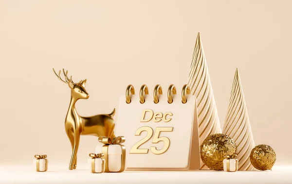 Merry Christmas and Happy New Year. 3D abstract background with Christmas advent calendar, decorations, gift boxes, gold deer. Holidays podiums for product display. Product showcase mockup. 3d render