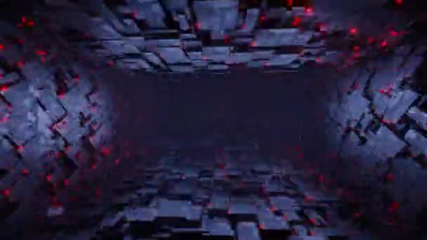 Płynna Grafika Ruchu Pętli Prostokątnym Tunelu Technologicznym Czerwonymi Neonowymi Cząsteczkami — Wideo stockowe