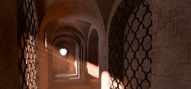 Medieval stone tunnel illuminated by golden sunlight. Light beams create dramatic shadows, enhancing the depth and historical ambiance. Background ideal for fantasy, architecture, and storytelling clipart