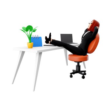 Üç boyutlu yalancı kadın sandalyede yatıyor. 3D dinlenen kadın. 3D iş kadını beyaz arka planda yatıyor.