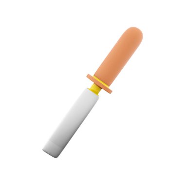 Tahta saplı 3 boyutlu keski, kesme yolu olan beyaz arka planda izole edilmiş. Onarım ve inşaat araçlarının 3B illüstrasyonu.