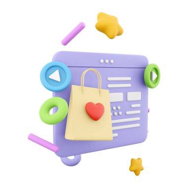 Çevrimiçi alışveriş simgesi için 3D hazırlama web sitesi. 3D aşk bayramı kutlaması kırmızı kalp alışveriş torbası ikonu. Çevrimiçi alışveriş için web sitesi.