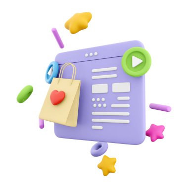 Çevrimiçi alışveriş simgesi için 3D hazırlama web sitesi. 3D aşk bayramı kutlaması kırmızı kalp alışveriş torbası ikonu. Çevrimiçi alışveriş için web sitesi.