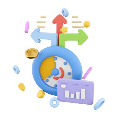 Büyüme histogram ve ok ikonlu 3 boyutlu zamanlayıcı. 3D kronometre saat sonuç simgesi. Büyüme histogram ve okları olan zamanlayıcı