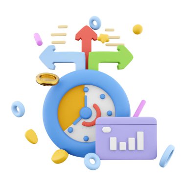 Büyüme histogram ve ok ikonlu 3 boyutlu zamanlayıcı. 3D kronometre saat sonuç simgesi. Büyüme histogram ve okları olan zamanlayıcı