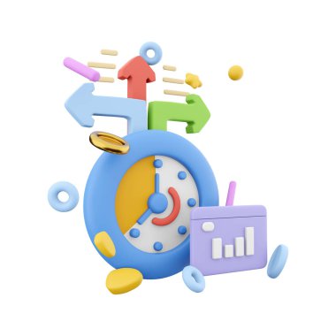 Büyüme histogram ve ok ikonlu 3 boyutlu zamanlayıcı. 3D kronometre saat sonuç simgesi. Büyüme histogram ve okları olan zamanlayıcı