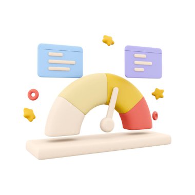 3d oluşturma ok noktası ölçek hız göstergesi simgesi. 3D canlandırma simgesi performansı, işaretçi derecelendirme risk seviyeleri, metre, beyaz arkaplan bildirimleri. Ok noktası ölçekli hız göstergesi