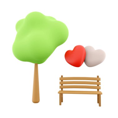 3d rendering icon two loving hearts on a bench near a tree. 3d render Valentines Day icon. Two loving hearts on a bench near a tree