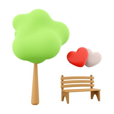 3d rendering icon two loving hearts on a bench near a tree. 3d render Valentines Day icon. Two loving hearts on a bench near a tree