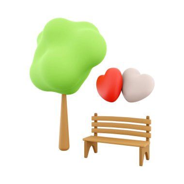 3d rendering icon two loving hearts on a bench near a tree. 3d render Valentines Day icon. Two loving hearts on a bench near a tree