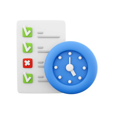 3d rendering timing concept with clock and check list on clipboard icon, 3d render clipboard with complete checklist icon. Timing concept with clock and check list on clipboard