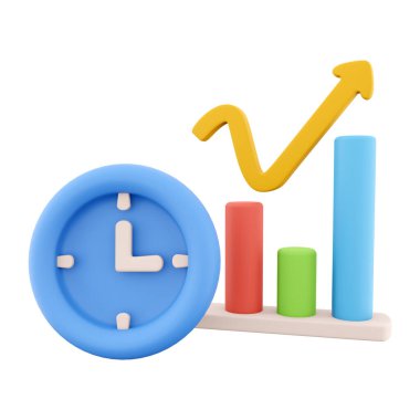 3D rendering clock and color graphs pointing up icon. 3d render chart and oclock, timer icon on white background. Clock and color graphs pointing up