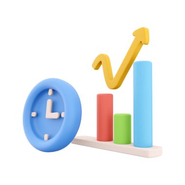3D rendering clock and color graphs pointing up icon. 3d render chart and oclock, timer icon on white background. Clock and color graphs pointing up
