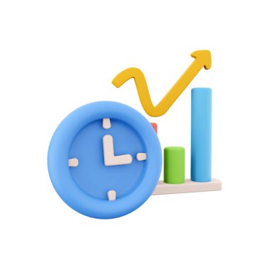 3D rendering clock and color graphs pointing up icon. 3d render chart and oclock, timer icon on white background. Clock and color graphs pointing up