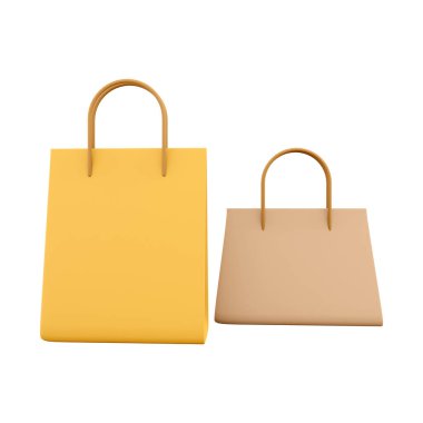 3D rendering two leather bag icon. 3d render two yellow pockets different size icon. Two leather bag