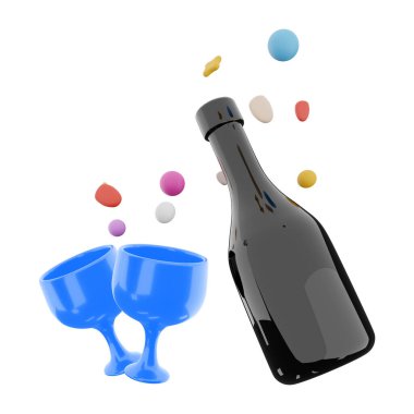 3d rendering glasses and wine with hearts around icon. 3d render valentine day symbol icon. Glasses and wine with hearts around