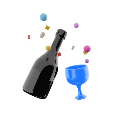 3d rendering glasses and wine with hearts around icon. 3d render valentine day symbol icon. Glasses and wine with hearts around