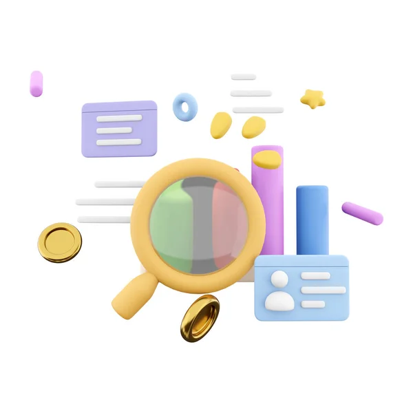 3d rendering marketing research with chart and a magnifying glass icon. 3d render magnifying glass documents chart icon. Marketing research with chart and a magnifying glass