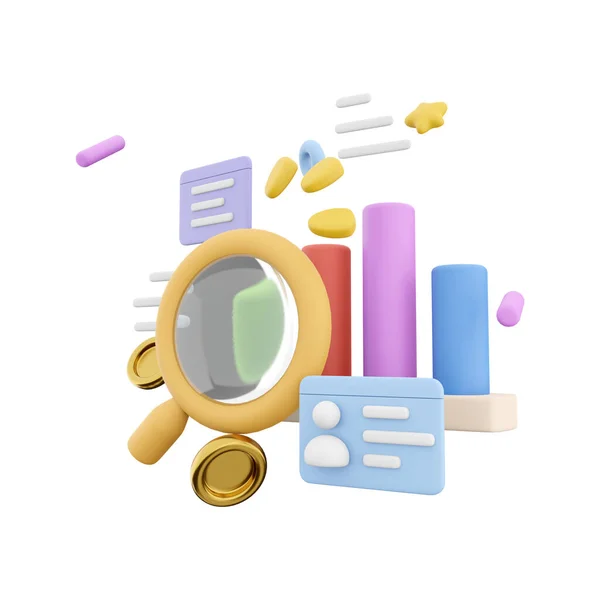3d rendering marketing research with chart and a magnifying glass icon. 3d render magnifying glass documents chart icon. Marketing research with chart and a magnifying glass