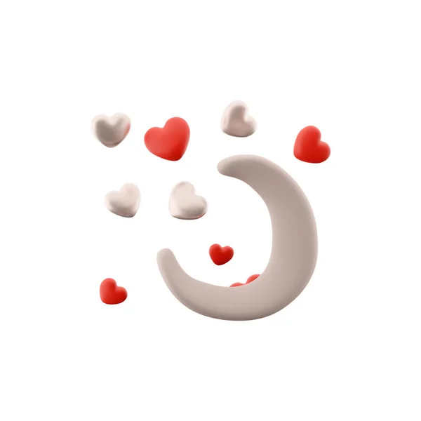 3d rendering moon with hearts around icon. 3d render Valentines day romantic symbol icon. Moon with hearts around icon