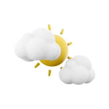 3d rendering sun covered by clouds icon. 3d render cloudy weather with sun icon. Sun covered by clouds.