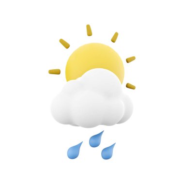 3d rendering rain with cloud and sun icon. 3d render weather sun with rain drops and cloud. Rain with cloud and sun.