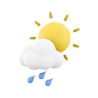 3d rendering rain with cloud and sun icon. 3d render weather sun with rain drops and cloud. Rain with cloud and sun.