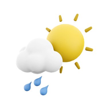 3d rendering rain with cloud and sun icon. 3d render weather sun with rain drops and cloud. Rain with cloud and sun.