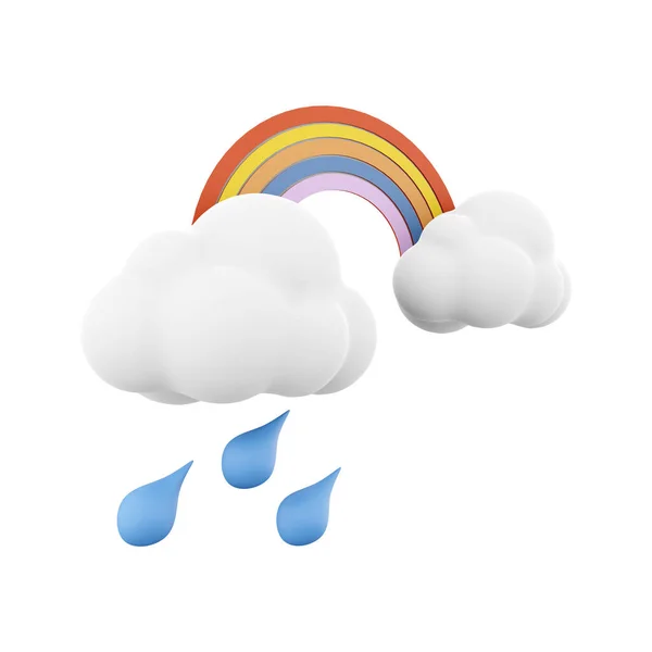 3d rendering rainbow with rain and clouds icon. 3d render rainy and cloudly weather with rainbow icon. Rainbow with rain and clouds.
