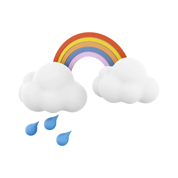 3d rendering rainbow with rain and clouds icon. 3d render rainy and cloudly weather with rainbow icon. Rainbow with rain and clouds.