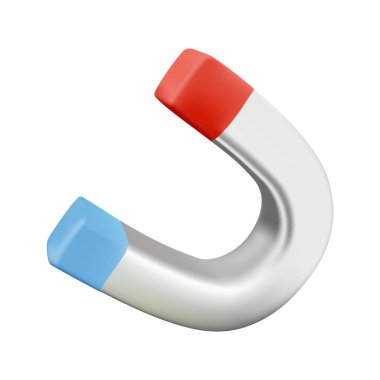 u şeklindeki mıknatısın beyaz arkaplanda izole edilmiş 3 boyutlu vektör çizimi. Grafik Biçimi dahil. Kırmızı renk, mavi ve gümüş. Tasarım ögeleri