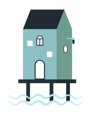 Nehrin yukarısındaki ahşap platformda mavi bir ev var. Vector, daire, aile, birlikte yaşayan insanlar, onların evi 10 kişi..