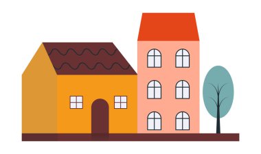 Farklı renklerde vektör evleri ve yakınında bir ağaç var. İki pencereli sarı taşıyıcı ev ve altı pencereli pembe üç katlı bir ev ve yakında çiçek açan bir ağaç..