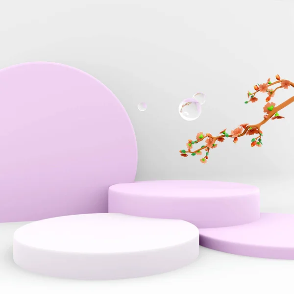 3d rendering three podiums with different heights and round inverted circle icon. 3d render a tree with ripening flowers and green leaves surrounded by water bubbles icon.