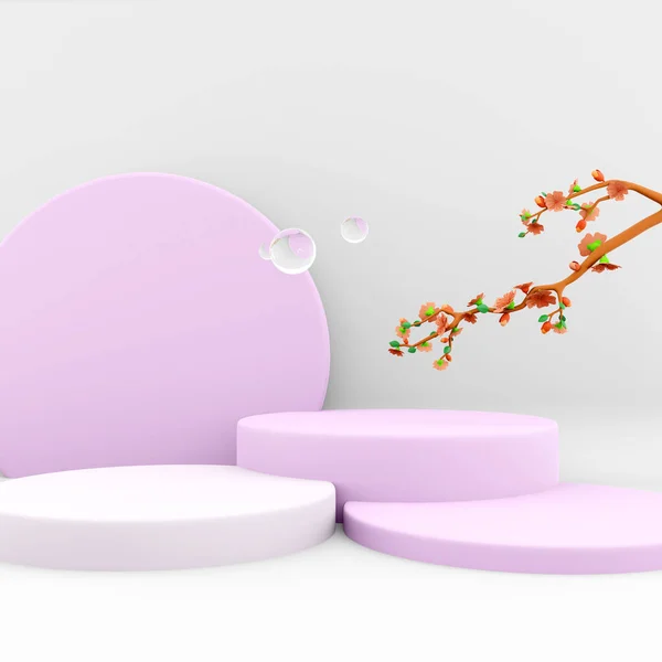 3d rendering three podiums with different heights and round inverted circle icon. 3d render a tree with ripening flowers and green leaves surrounded by water bubbles icon.