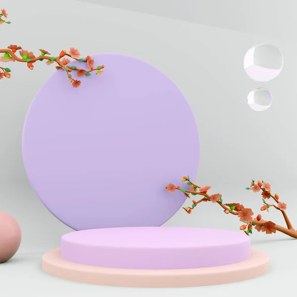 Rendering Luxury Podium Display Spring Apple Blossom Blue Pink Pastel — Stock Photo, Image
