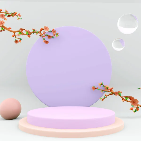 Rendering Luxury Podium Display Spring Apple Blossom Blue Pink Pastel — Stock Photo, Image
