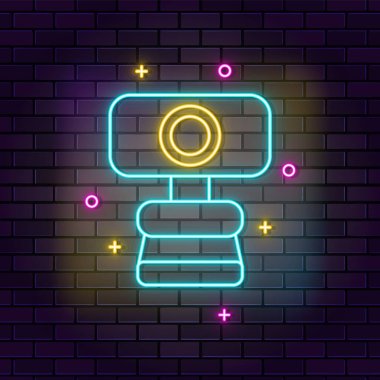 Web kamerası neon ikonu. Koyu tuğla duvar arkaplanındaki eğitim neon simgesi.
