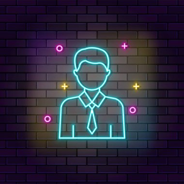 Öğrenci, çocuk neon ikonu. Koyu tuğla duvar arkaplanındaki eğitim neon simgesi.