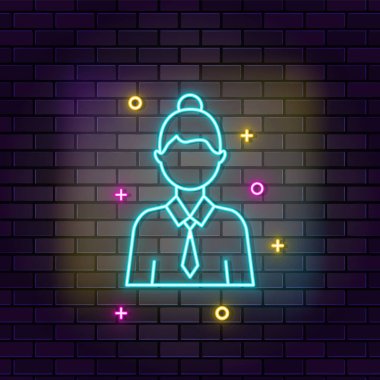 Öğrenci, kız neon ikonu. Koyu tuğla duvar arkaplanındaki eğitim neon simgesi.