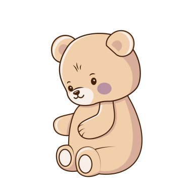 Vektör açık kahverengi oyuncak, çocuklar için yumuşak oyuncak, küçük boy ayı ikonu. Mor yanaklı bir oyuncak ayı ve kendine güvenen bir ikon.
