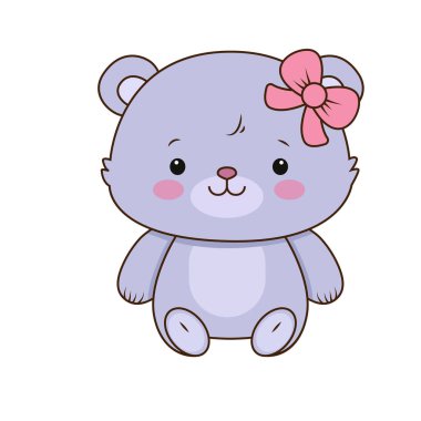 Kulak ikonunda bir yay olan mor bir ayı. Vector love bear Teddy, black eyes oyuncak ikonu.